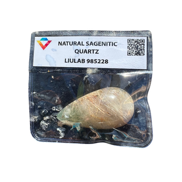 Natural Sagenitic Quartz Gemstone – Teardrop Cabochon with Golden Rutile | LIULAB 985228 Certified