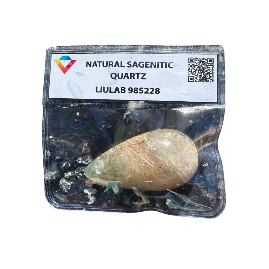 Natural Sagenitic Quartz Gemstone – Teardrop Cabochon with Golden Rutile | LIULAB 985228 Certified