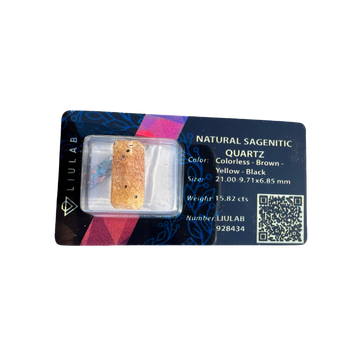 Natural Sagenitic Quartz – Polished Rectangle with Yellow & Black Inclusions | LIULAB Certified #928434