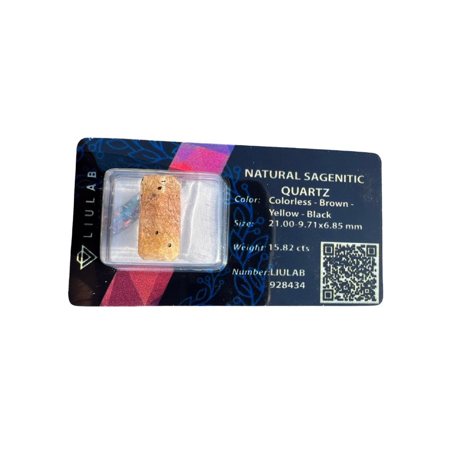 Natural Sagenitic Quartz – Polished Rectangle with Yellow & Black Inclusions | LIULAB Certified #928434