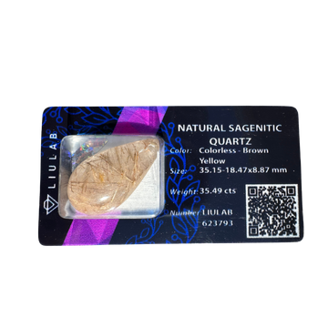 Natural Sagenitic Quartz – 35.49 Carats Teardrop Cut with Golden Rutile Inclusions | LIULAB Certified