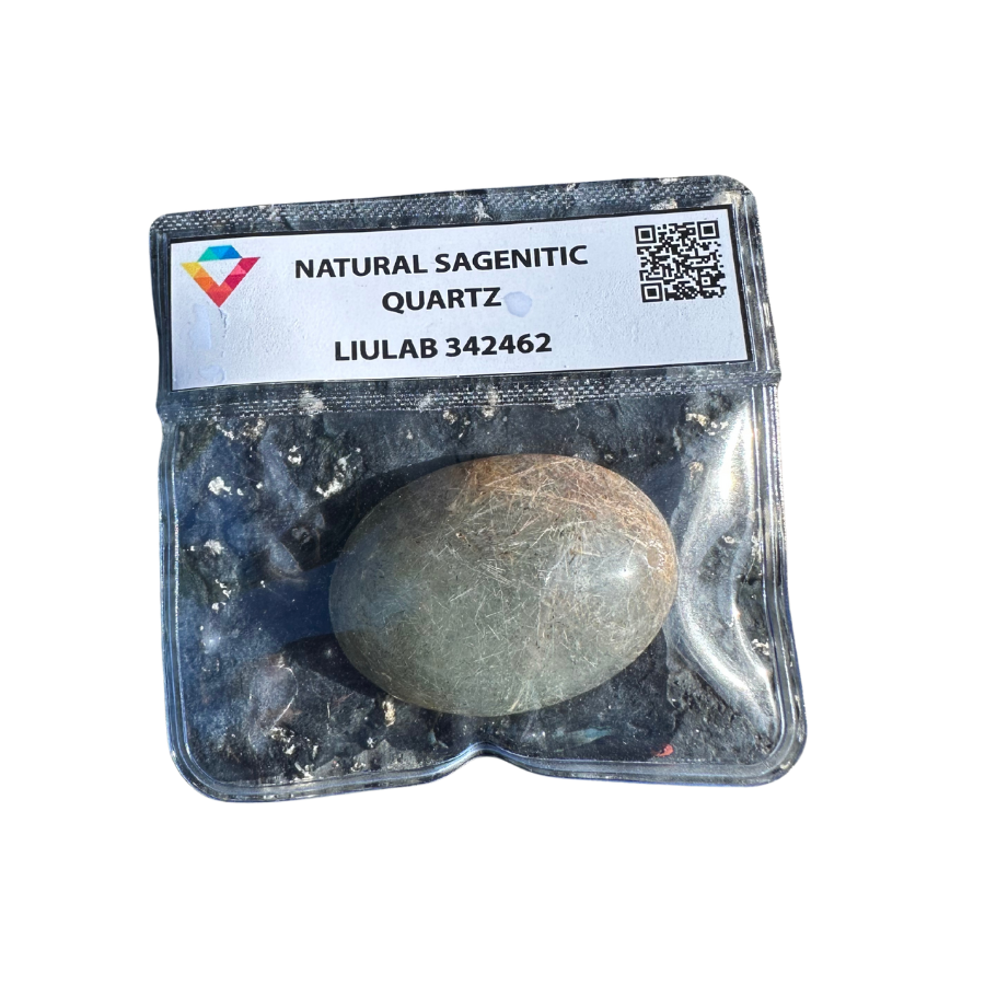 Natural Sagenitic Quartz Palm Stone – Earthy Green-Gold Rutile Inclusions | LIULAB 342462 Certified