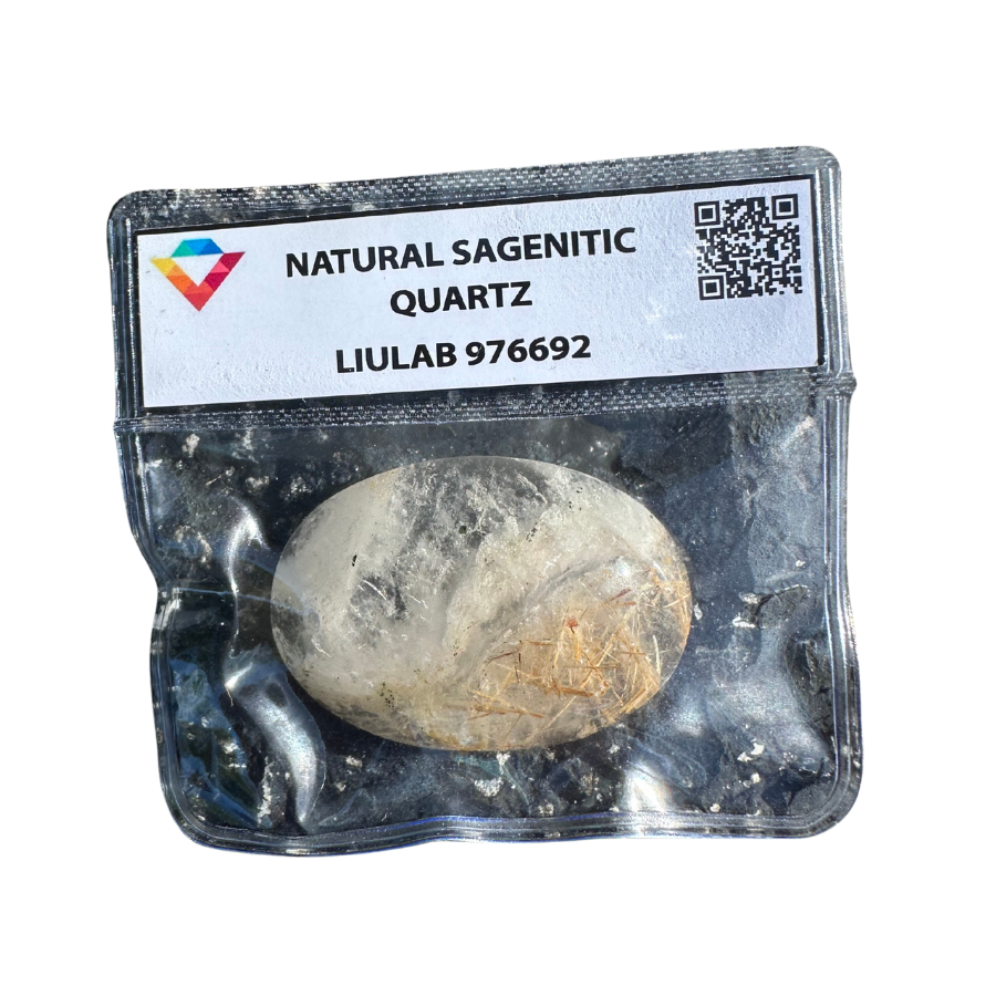 Natural Sagenitic Quartz Palm Stone – Smoky Veils & Golden Hair Inclusions | LIULAB 976692 Certified