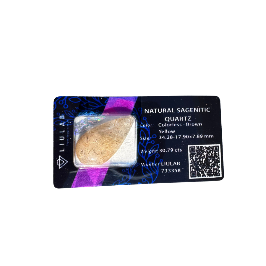 Natural Sagenitic Quartz Gemstone – Golden Rutile Teardrop | LIULAB 733358 Certified