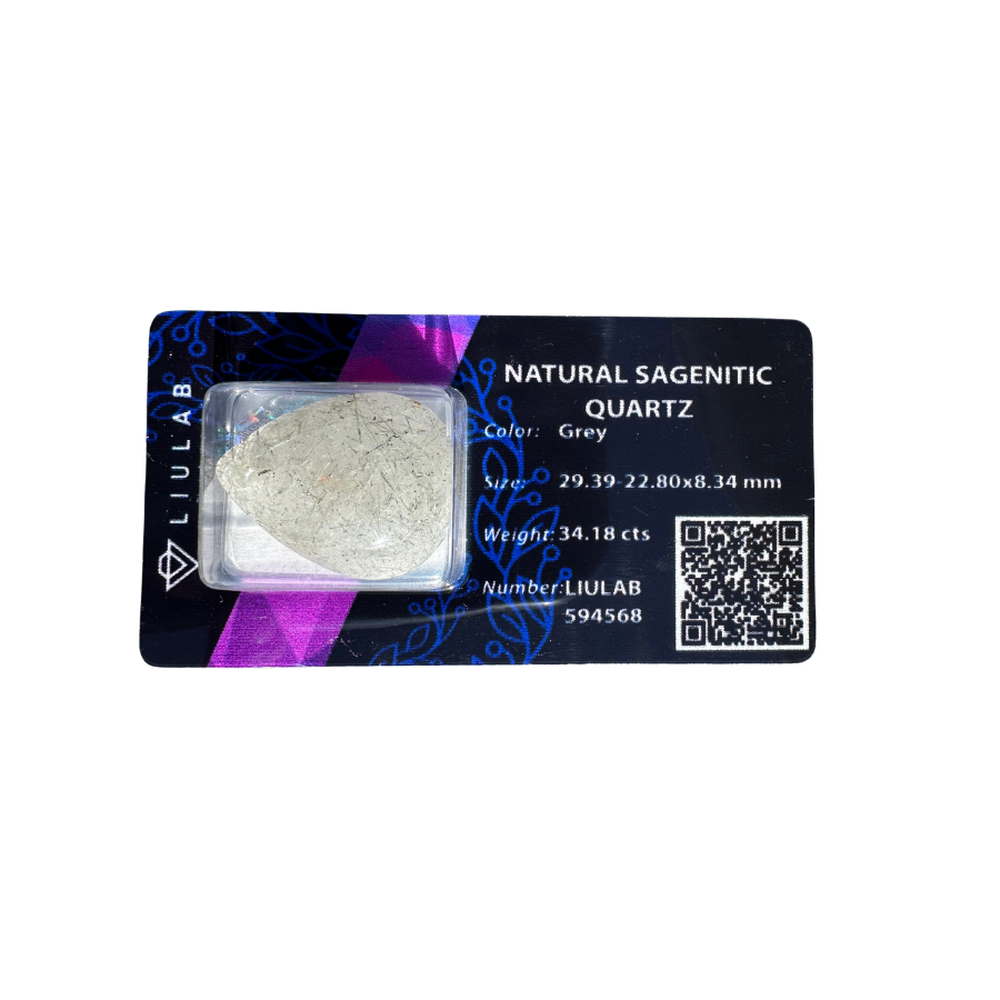 Natural Sagenitic Quartz – 34.18 Carats Grey Teardrop Gemstone | LIULAB Certified