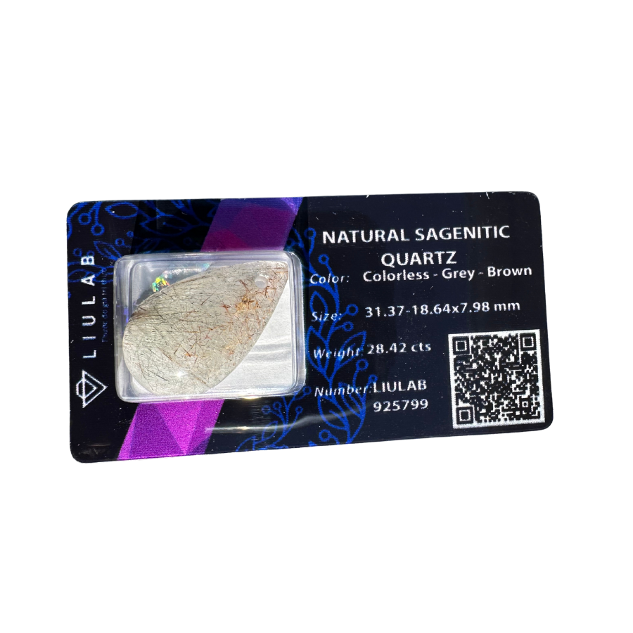 Natural Sagenitic Quartz Gemstone – Smoky Needle Inclusions in Clear Teardrop | LIULAB 925799 Certified