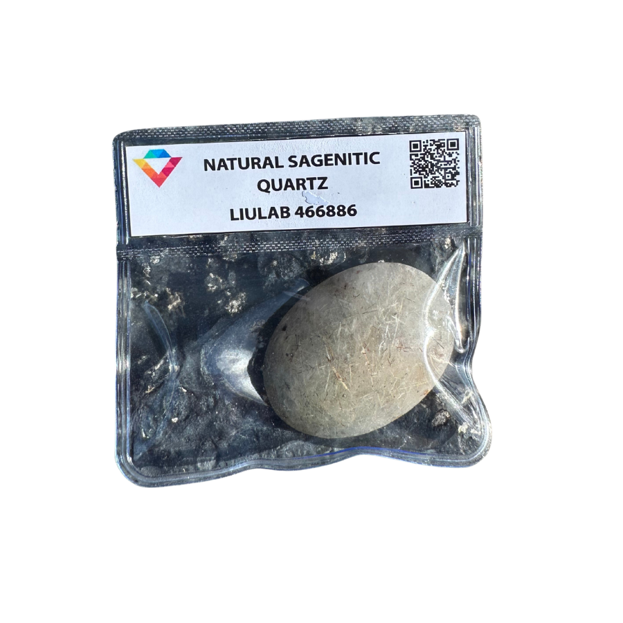 Natural Sagenitic Quartz Palm Stone – Soft Grey Veil with Fine Rutile Threads | LIULAB 466886 Certified