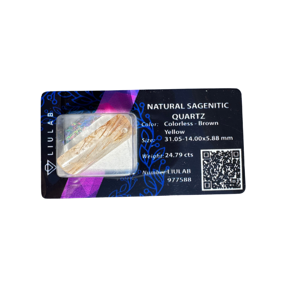 Natural Sagenitic Quartz – 24.79 Carats Rectangle Cut with Golden Rutile Inclusions | LIULAB Certified