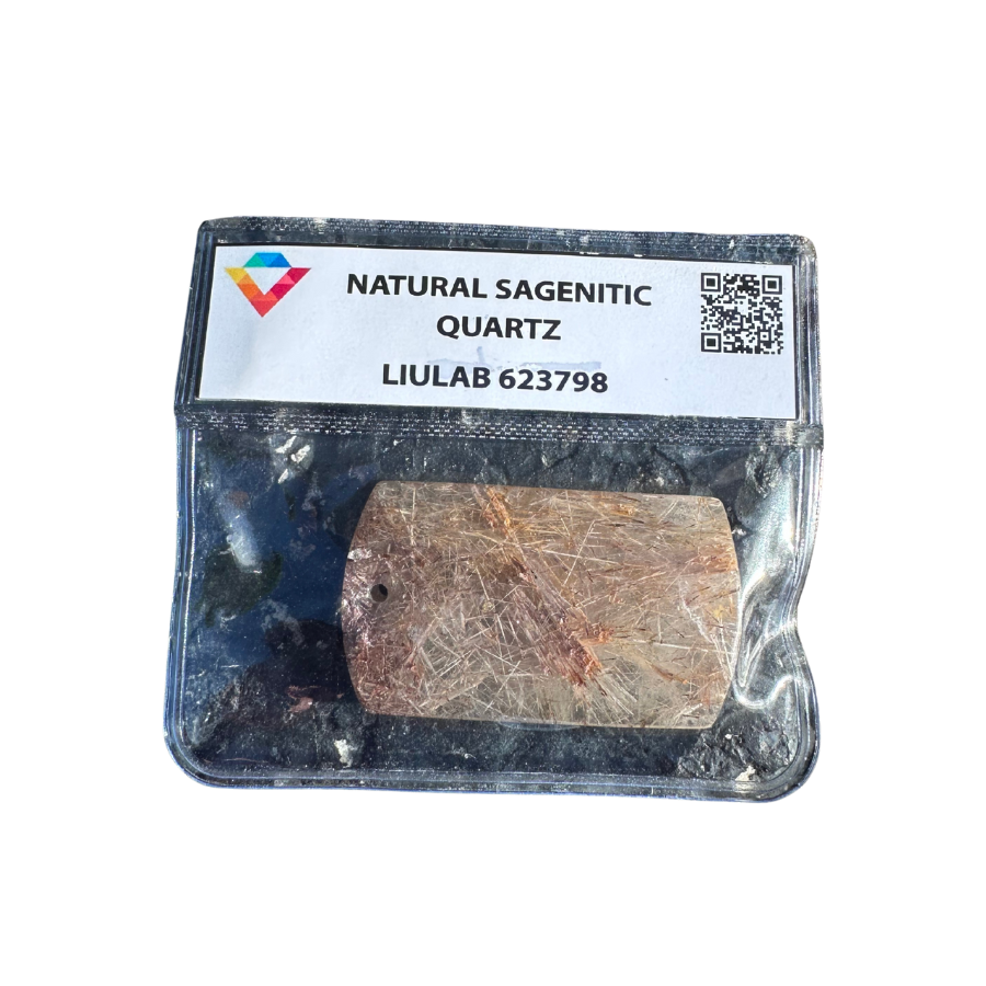 Natural Sagenitic Quartz Pendant Slab – Radiant Copper-Gold Rutile Threads | LIULAB 623798 Certified