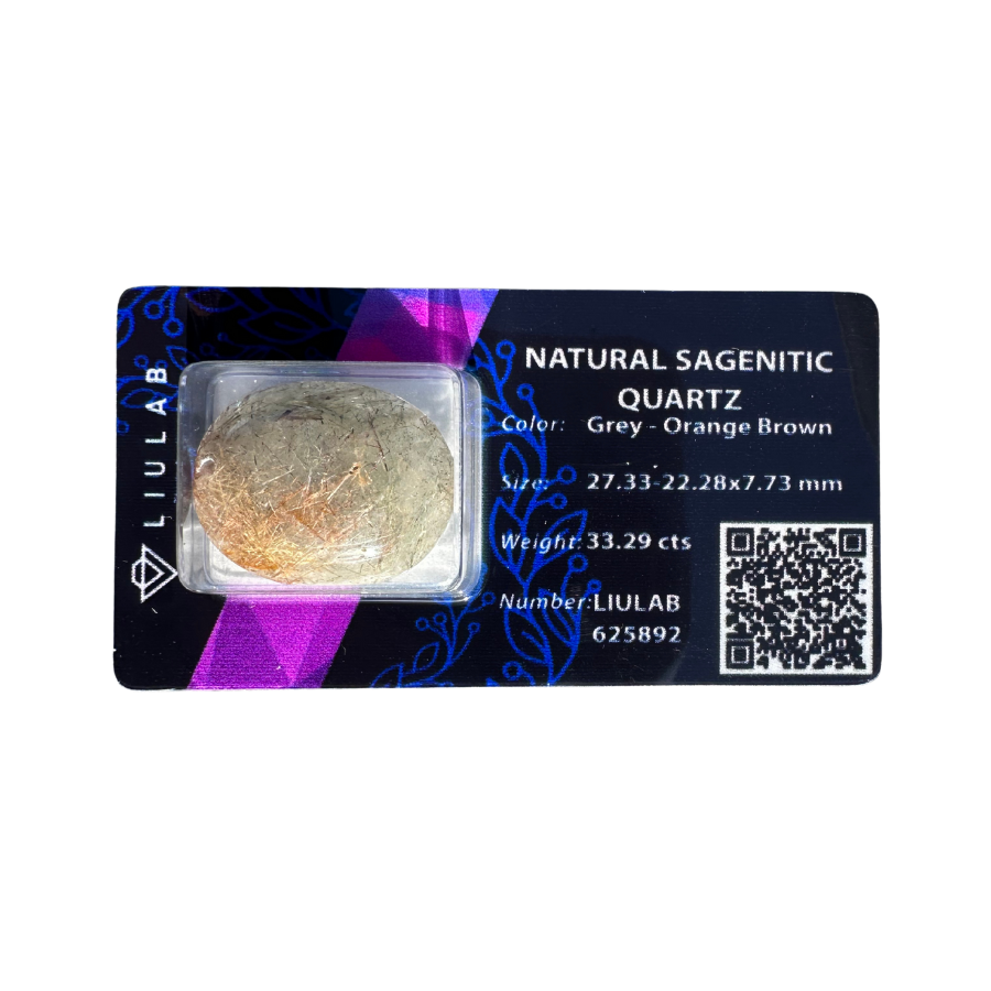 Natural Sagenitic Quartz Cabochon – Grey to Orange-Brown Tones with Radiating Rutile Inclusions | LIULAB 625892 Certified