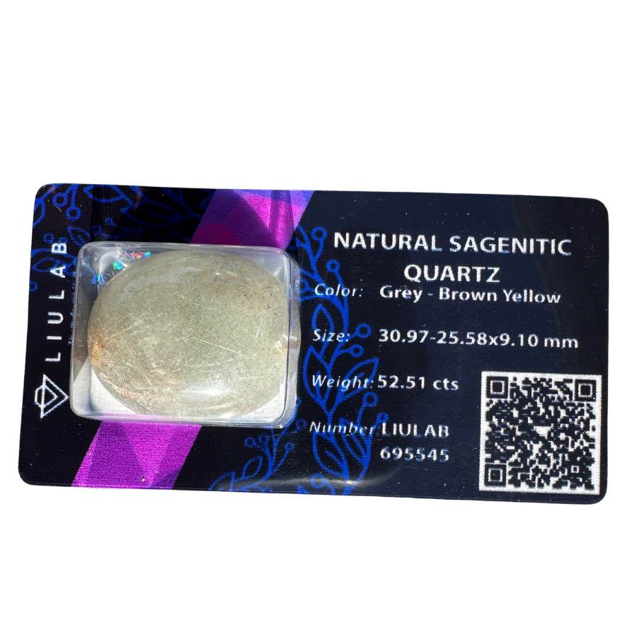 Natural Sagenitic Quartz Cabochon – Multitone Grey, Brown & Yellow Blend with Rutile Inclusions | LIULAB Certified #695545