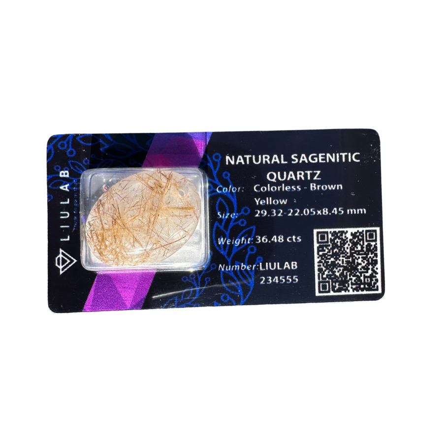Natural Sagenitic Quartz Cabochon – Clear to Brown-Yellow with Striking Rutile Patterns | LIULAB Certified #234555