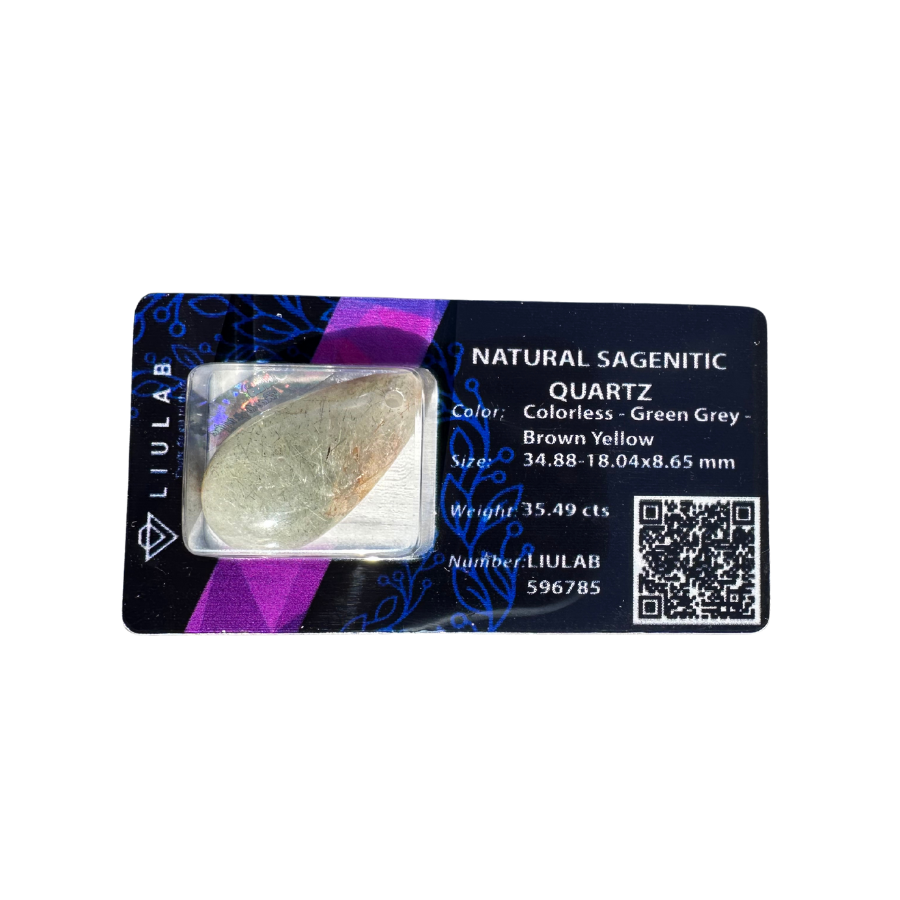 Natural Sagenitic Quartz Cabochon – Teardrop Cut with Green-Grey to Brown-Yellow Rutile Veins | LIULAB Certified #596785
