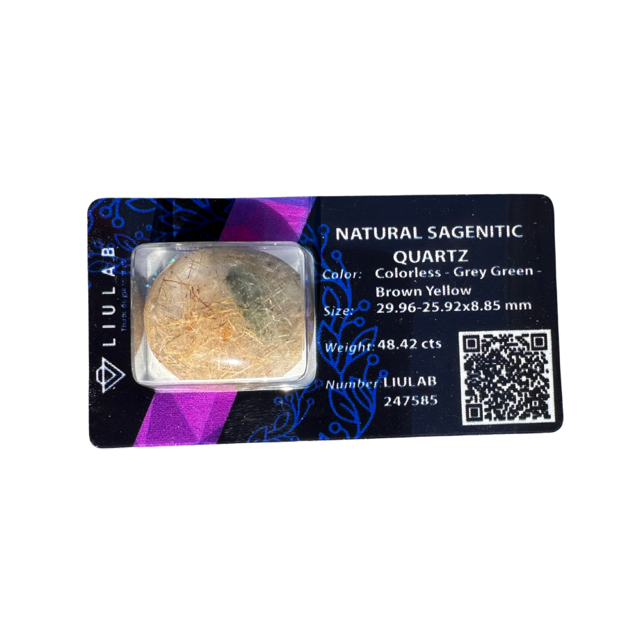 Natural Sagenitic Quartz Cabochon – Multicolor Rutile Inclusions | LIULAB Certified #247585