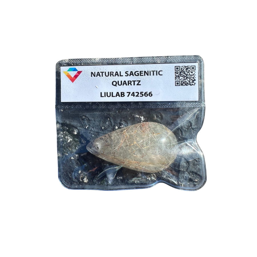 Natural Sagenitic Quartz – Teardrop Cabochon with Golden Rutile Inclusions | LIULAB 742566 Certified