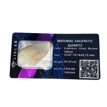 Natural Sagenitic Quartz Cabochon – Colorless with Grey, Brown & Yellow Inclusions | LIULAB Certified #594369