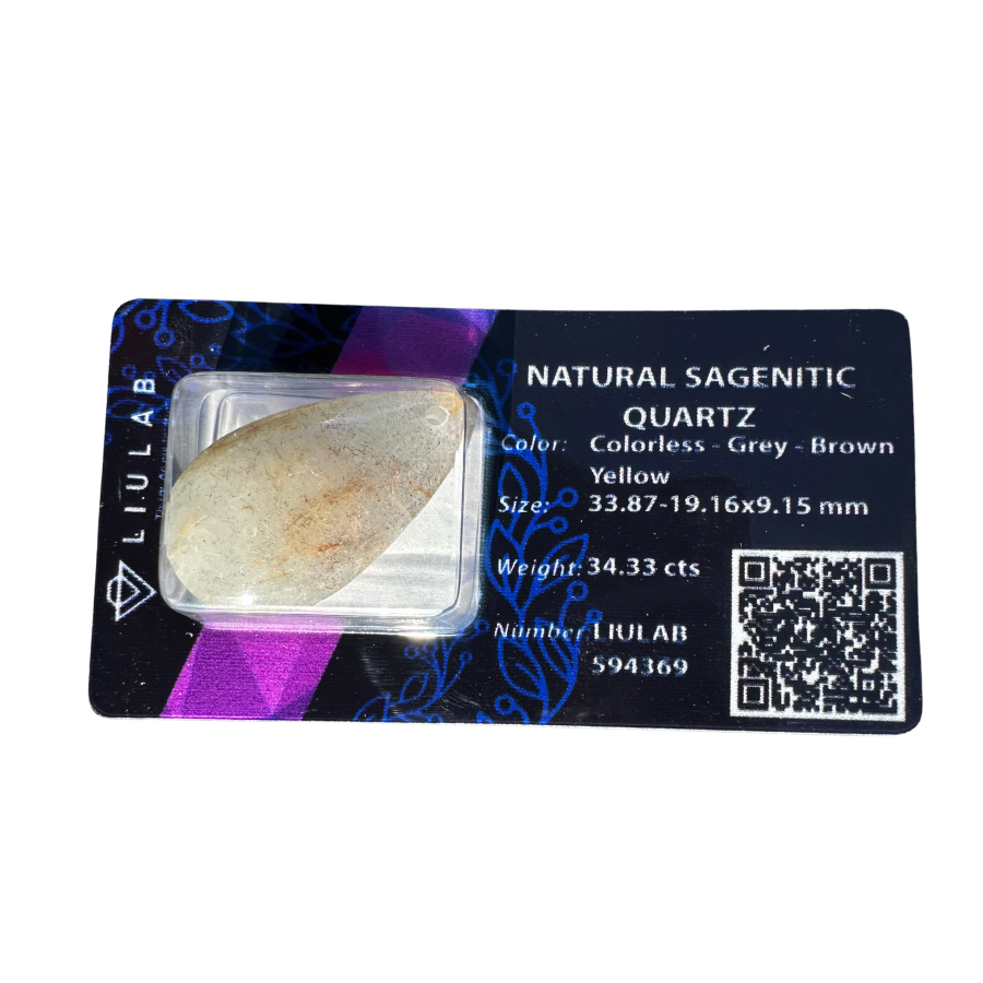 Natural Sagenitic Quartz Cabochon – Colorless with Grey, Brown & Yellow Inclusions | LIULAB Certified #594369