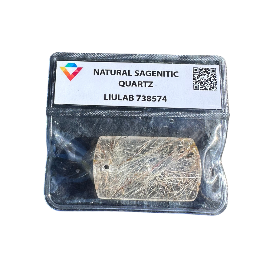 Natural Sagenitic Quartz Pendant – Rectangular Cut with Golden & Red Rutile | LIULAB 738574 Certified